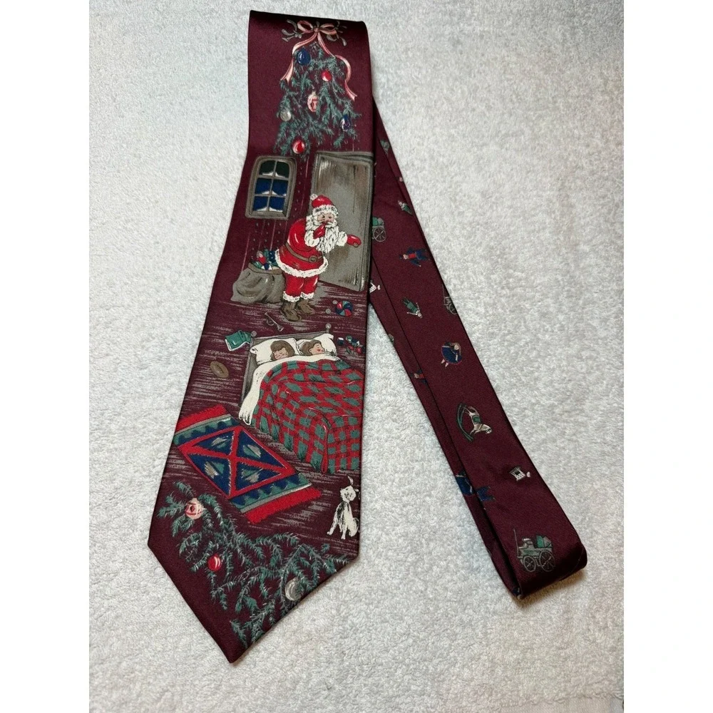 Zylos George Machado Christmas Silk Tie Burgundy Santa Sleeping Children USA